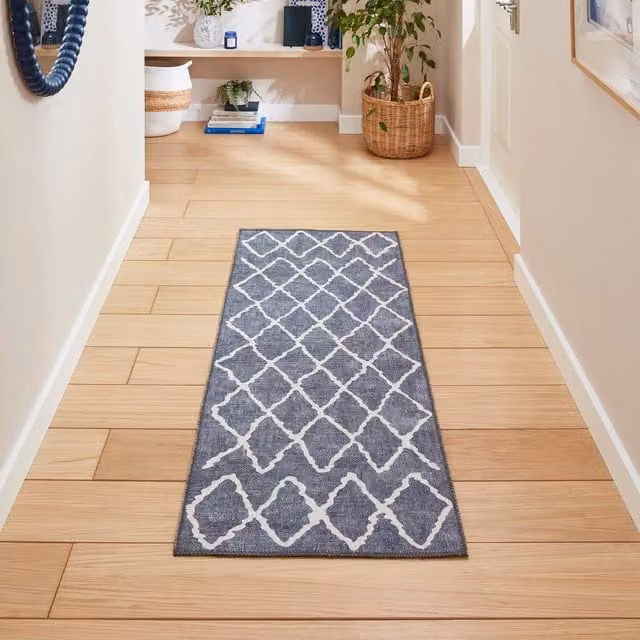 Terrys Blue Checked Modern Flat Weave Polyester Rectangular Living Room Rug