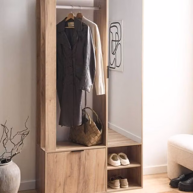 Wyld and Coco Brown Modern Hallway Wardrobe with Mirrored Door and Internal Shelves H 190 x W 100 x D 35 cm – 1