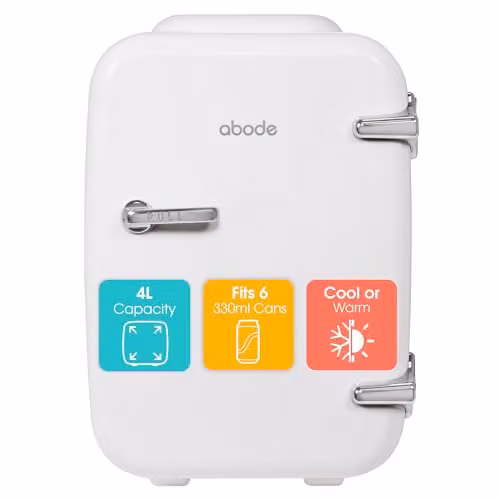Abode White Mini Fridge A4CLR201W 4L Portable Thermoelectric Cooler and Warmer for Drinks and Cosmetics
