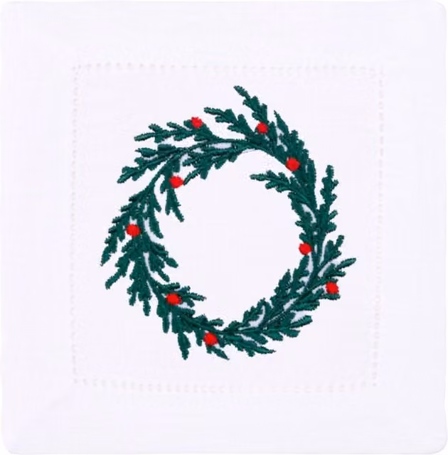Mafra White Linen Christmas Table Linens with Embroidered Tree and Wreath, Napkin and Placemat Set