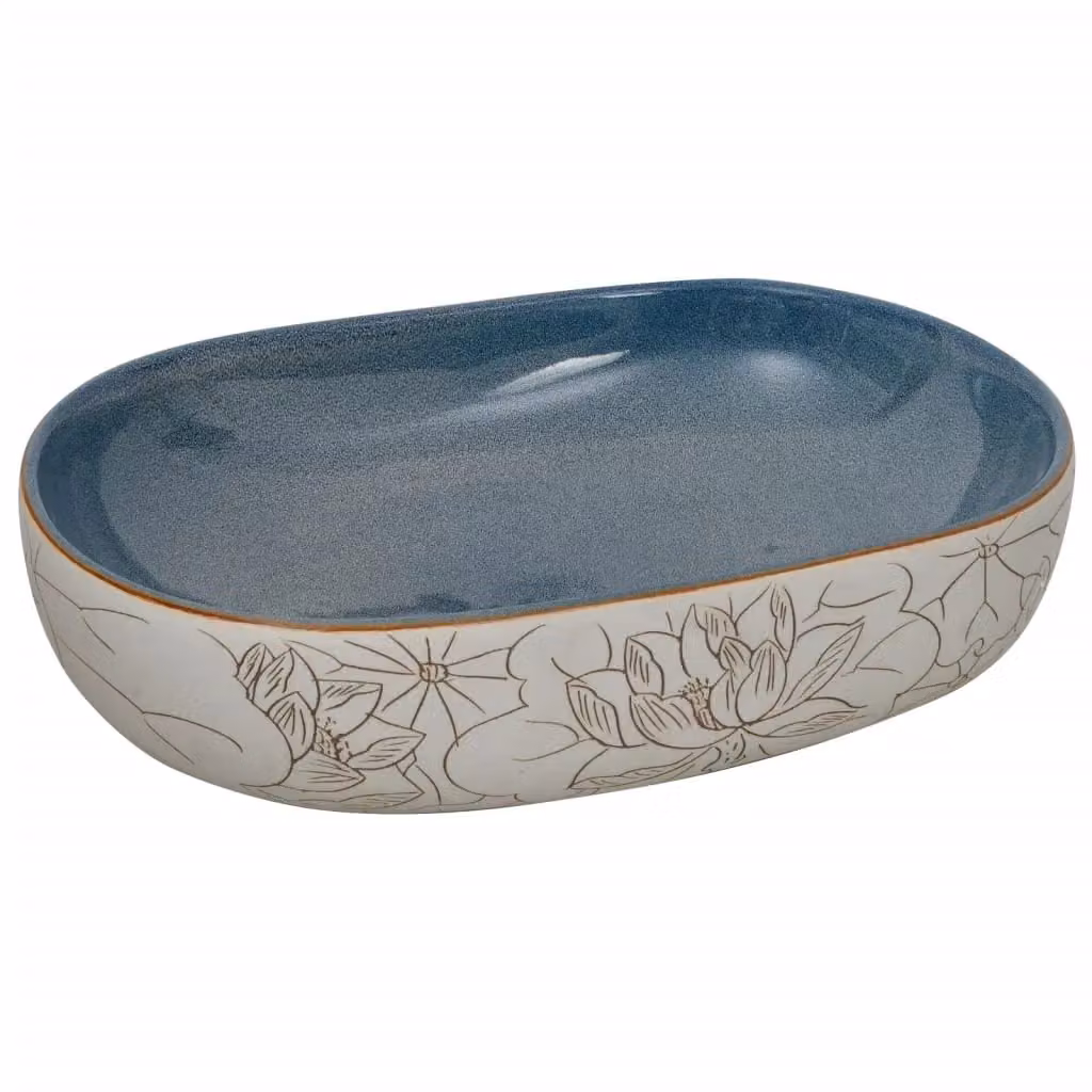 Berkfield Home Oval Ceramic Countertop Basin in Sand and Blue, W: 59 cm, D: 40 cm, H: 14 cm – 2