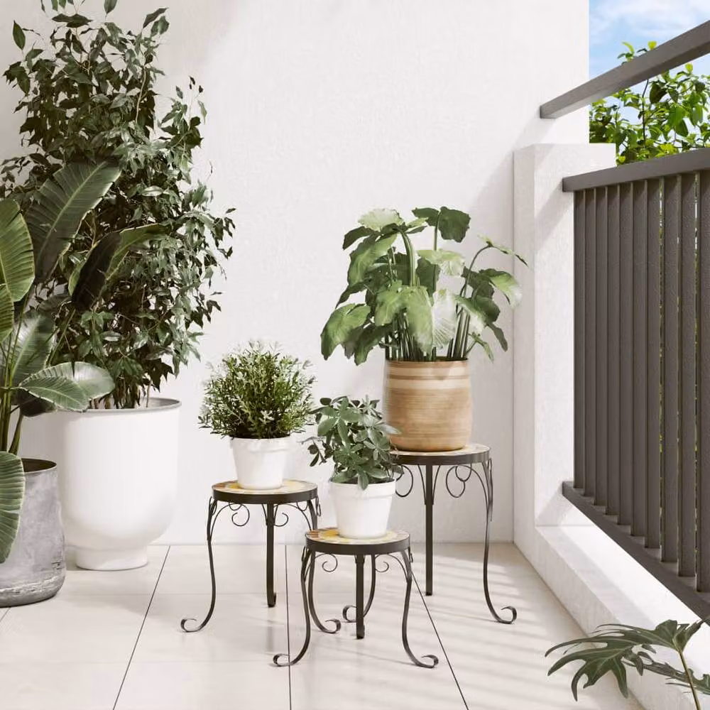Berkfield Home Set of 3 Mediterranean Geometric Ceramic and Metal Plant Stands in Terracotta and White – 3