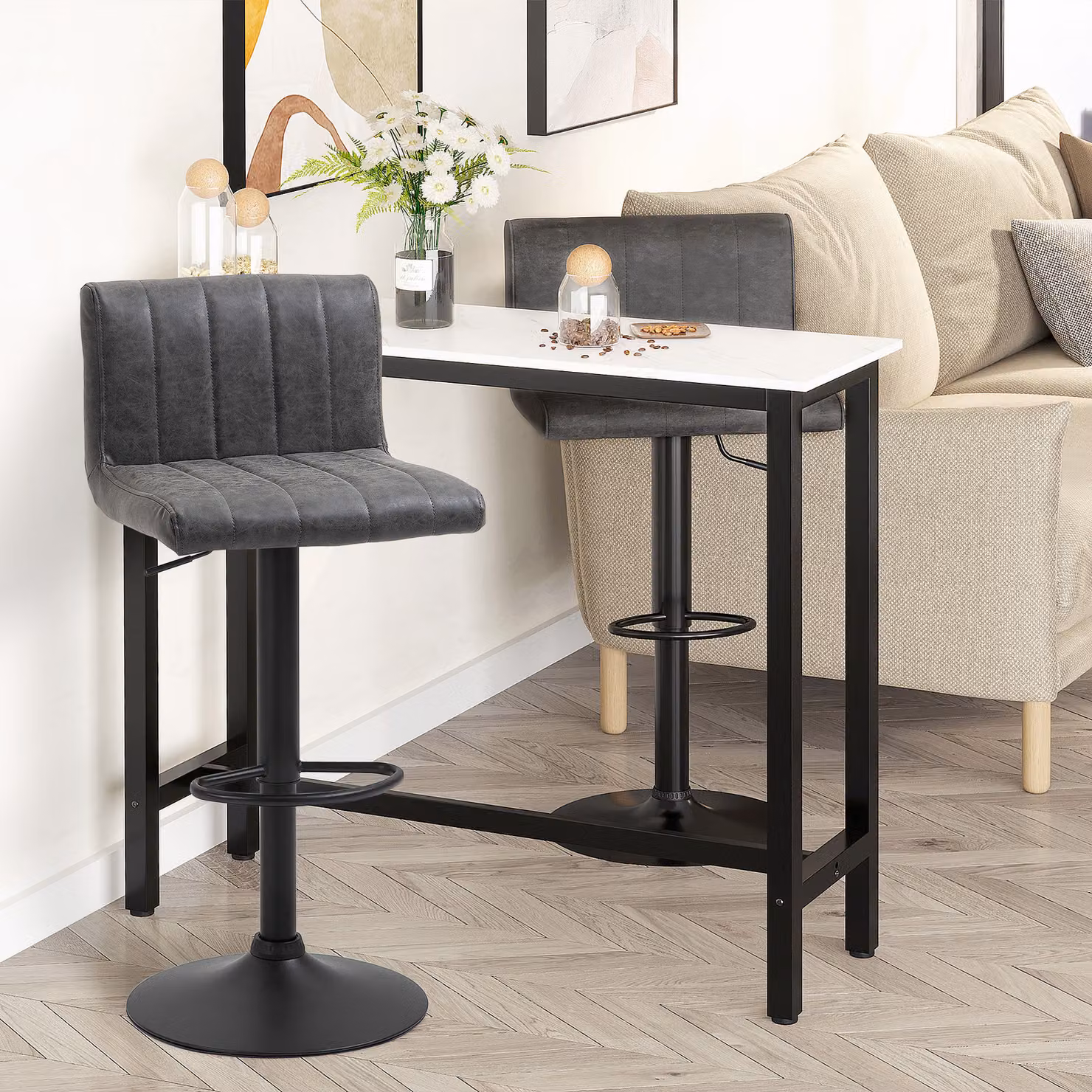 HOMCOM Set of 2 Grey PU Leather Adjustable Height Bar Stools with Footrest and 360 Degree Swivel – 5