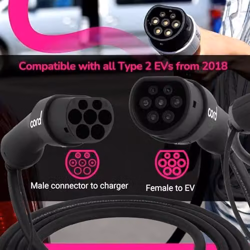 Cord Type 2 to Type 2 Three Phase EV Charging Cable, 32amp, 22kW, 7.5 Metre, Black – 3