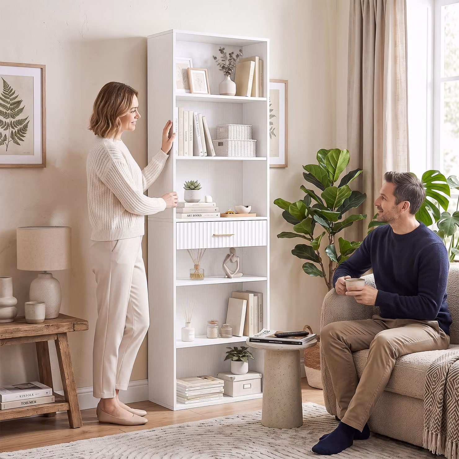 HOMCOM Modern Narrow Tall Space-Saving Bookshelf with Drawer and Open Shelves, White, W: 60 cm, D: 24 cm, H: 182 cm – 3