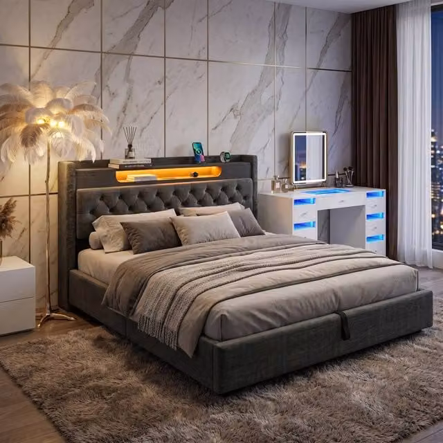 FENCHILIN Upholstered LED Bed Frame with Hydraulic Storage and Charging Station, Grey, W/D/H: 200 x 188 x 115 cm