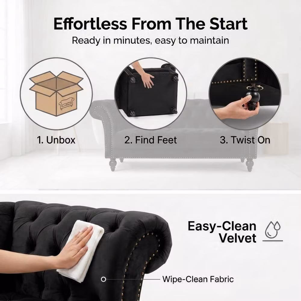 Bravich LTD Chesterfield 1 Seater Velvet Sofa in Black with Buttoned Back and Rolled Arms – 7