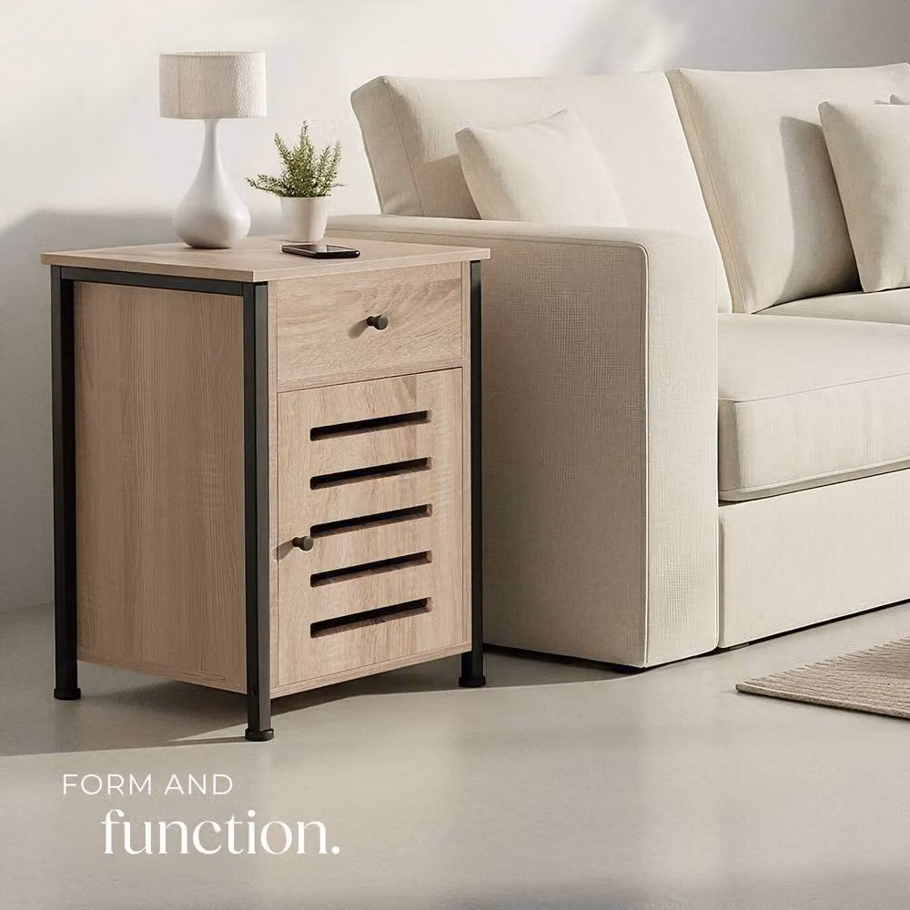 tectake Waterford Bedside Table in Light Oak with Shelf, Drawer and Cupboard, W/D/H: 40 x 42 x 60.5 cm – 7