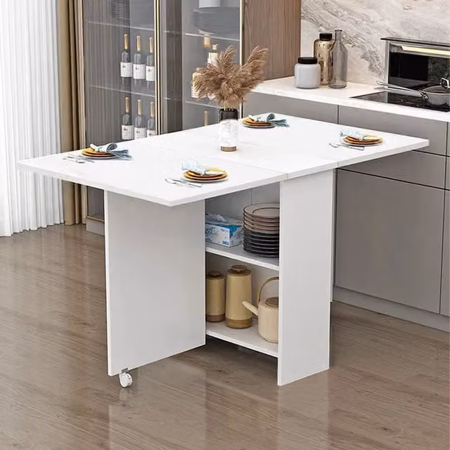 Livingandhome Modern White Folding Rectangular Dining Table with 2 Tier Shelves and Castors
