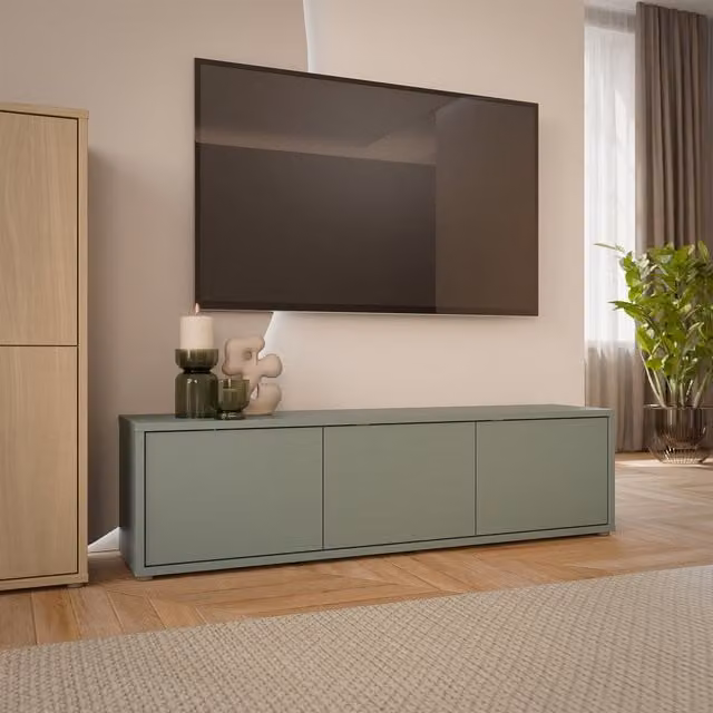 Furniture To Go Alice Springs Wide Modern TV Cabinet with 3 Push-Open Doors in Taupe and Sage Green