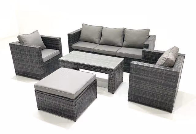Fimous Rattan Garden Furniture Set with Sofa, 2 Armchairs, Coffee Table and Ottoman in Dark Grey Anthracite