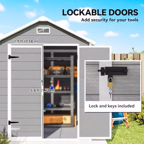 Outsunny Grey Resin Garden Shed with Double Doors, Window and Floor, W/D/H: 182 x 151 x 219 cm – 6