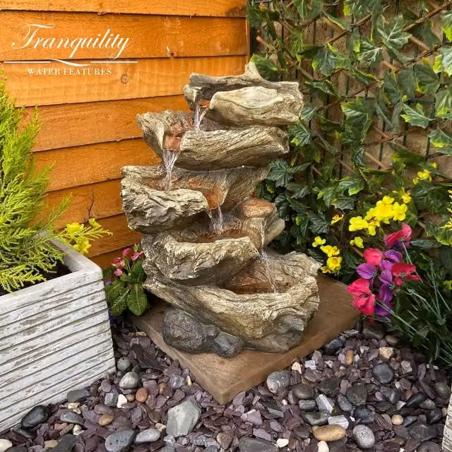 Tranquility Wildwood Falls Solar Water Feature with Wood Effect Cascade in Grey