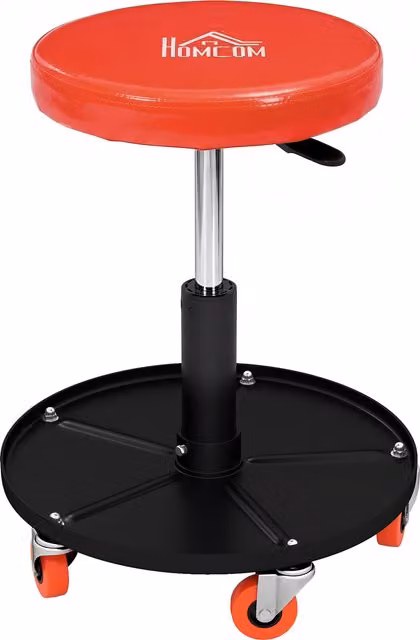 HOMCOM Orange Rolling Mechanical Workshop Stool with Pneumatic Adjustment, Tool Tray and Castors – 1