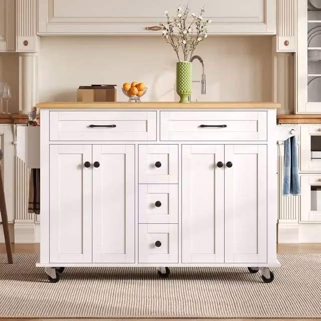 Merax Kitchen Island Trolley with Cabinet, Foldable Countertop and 5 Drawers, White, W/D/H: 120 x 40 x 89 cm – 1