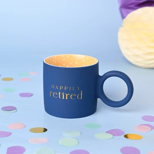 Confetti Happily Retired Navy Blue, Gold and Yellow Dotted Mug