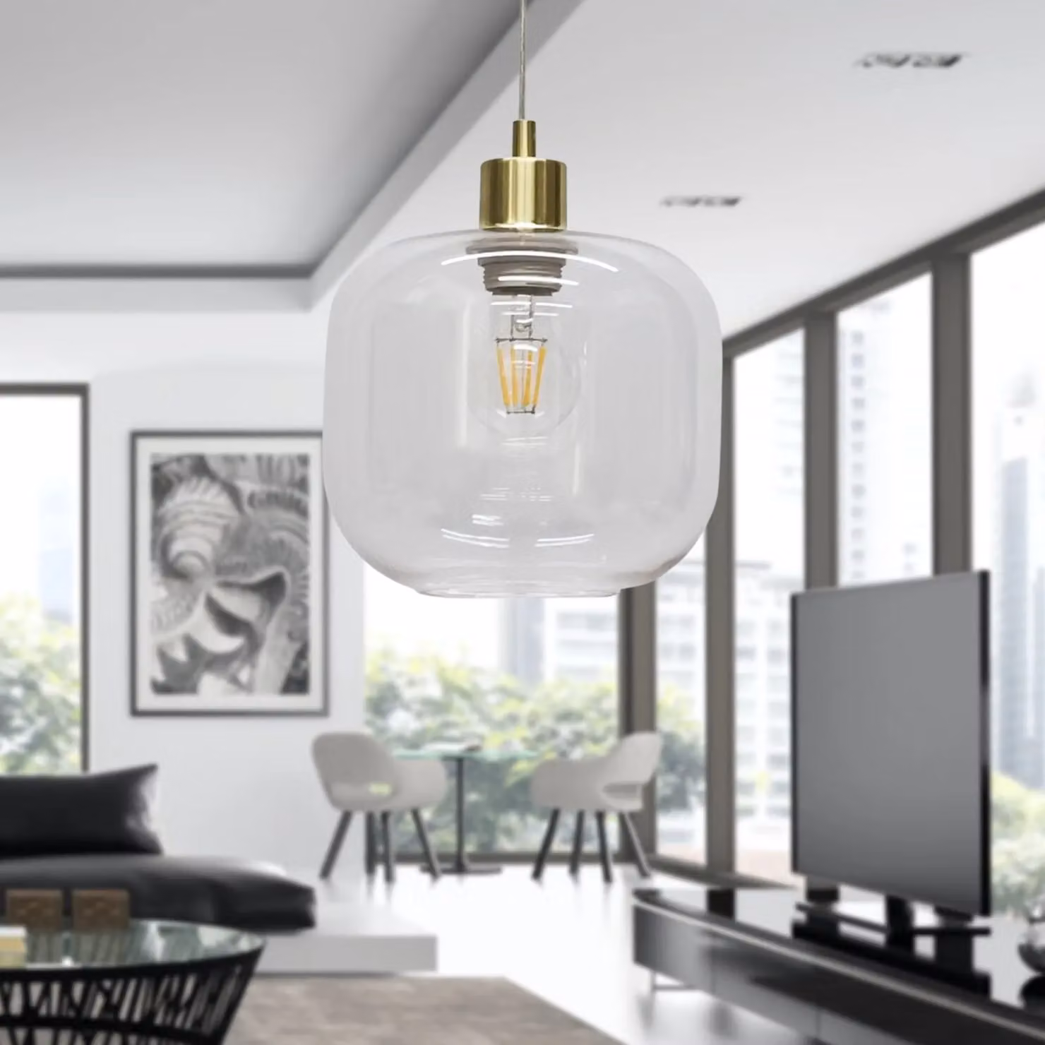 First Choice Lighting Bletch Transparent Glass and Gold Brass Suspended Pendant Light, Height Adjustable and Dimmable – 2