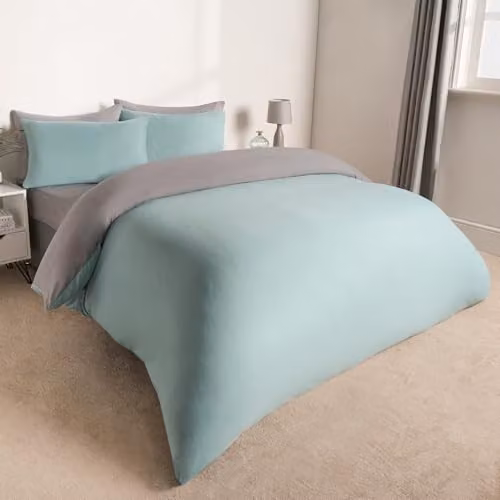 OHS Reversible Plain Microfibre Duvet Cover and Pillowcase Set, Blue, Green or Grey, W/D/H: 180 x 200 cm, Pillowcases: 50 x 75 cm – 2