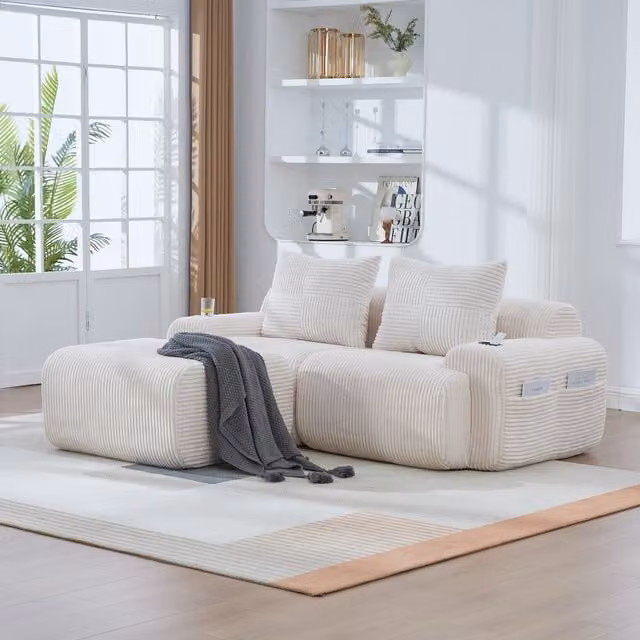 Aosom UK Modular 2-Seater Beige Corduroy Sofa with Foam-Filled Plush Seats, Built-In Cup Holder and Matching Ottoman, W/D/H: 200 x 174 x 80 cm – 1
