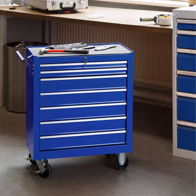 tectake Lockable and Rollable 7-Drawer Metal Tool Chest in Blue