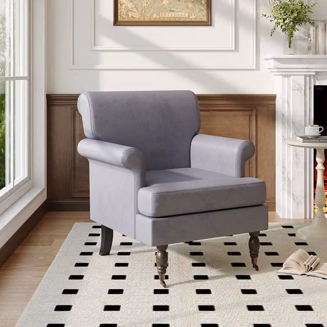 Livingandhome Grey Velvet Armchair with Solid Wood Frame and Armrests
