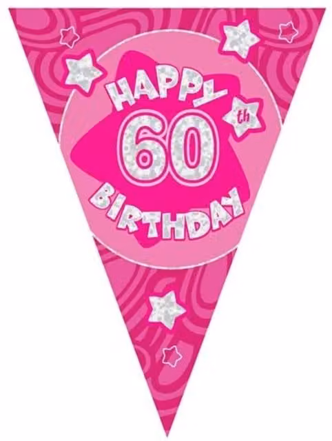 KDMD Pink Holographic 60th Birthday Party Hanging Pennant Banner with Stars and Letters