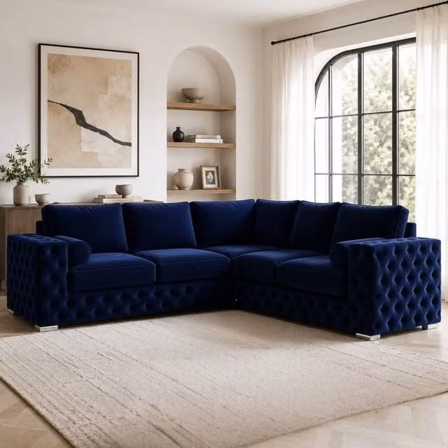 Stratus Interiors Ashley Chesterfield L-Shape Corner Sofa in Navy Blue Plush Velvet Fabric – 1
