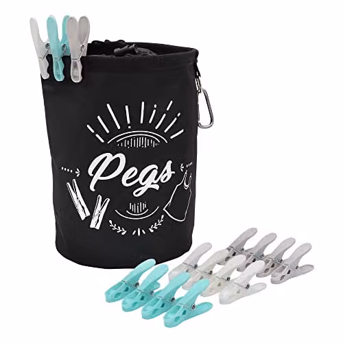 JVL Large Peg Bag with 144 Extra Strong Plastic Pegs in Black, Grey or White