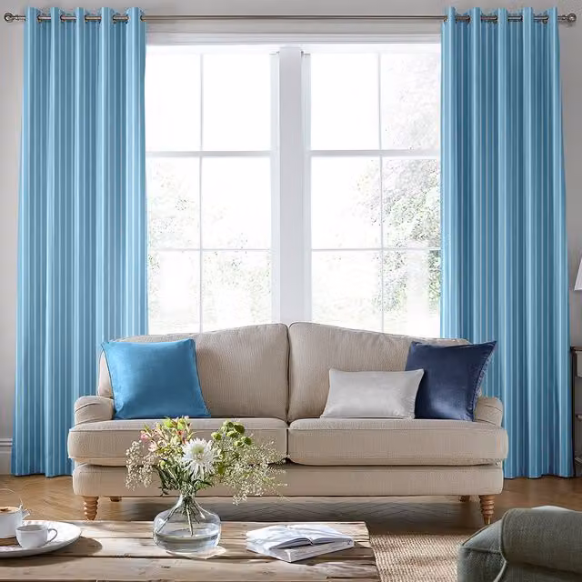 Laura Ashley Burnsall Seaspray Blue Striped Blackout Made To Measure Eyelet Curtains