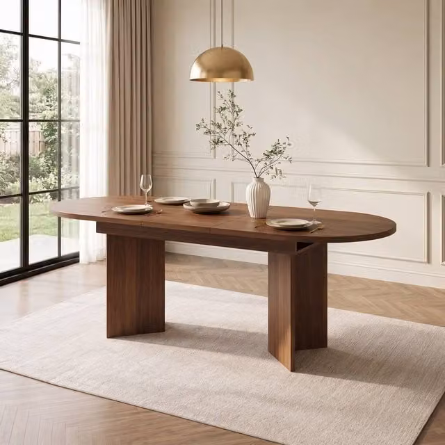 STILVORA Extendable Oval Dining Table in Walnut with Sliding Leaf, W/D/H: 120 x 120 x 76 cm (Extends to 160 cm)