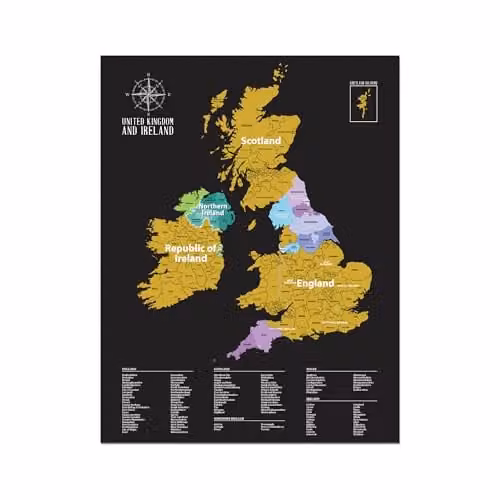 Gleneagles UK & Ireland Travel Tracker Scratch Off Poster in Black and Gold, W: 54 cm, H: 70 cm – 1