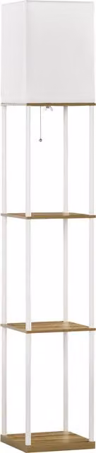 HOMCOM Modern White Floor Lamp with 3-Layer Metal Shelves and Fabric Cylinder Lampshade featuring Pull Chain Switch