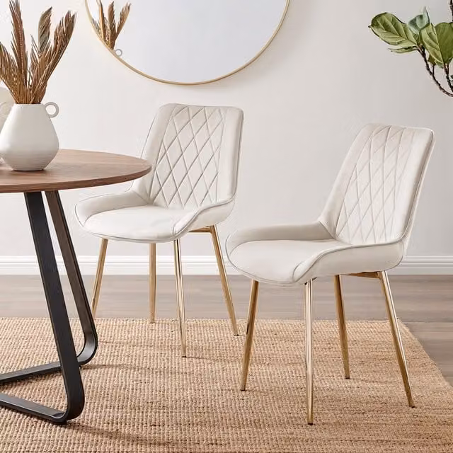 FurnitureboxUK Set of 2 Pesaro Diamond Pattern Velvet Dining Chairs with Gold Metal Legs in Cream