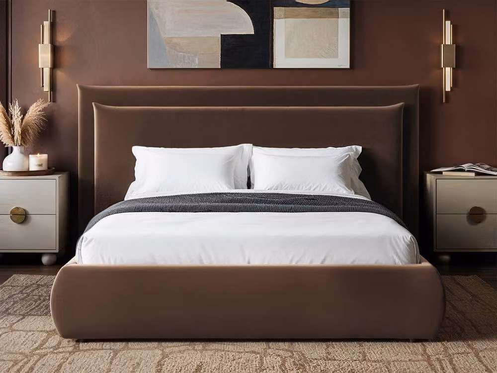 Solace+Co Sigrid Chocolate Brown Velvet Upholstered Ottoman Bed with Cushion Headboard, W/D/H: 140 x 200 cm – 2