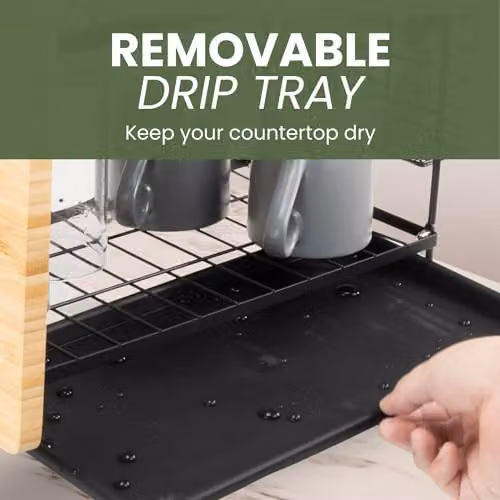 Tanness 2-Tier Black Dish Drainer Rack with Utensil Holder and Drip Tray, W/D/H: 30.0 x 21.0 x 21.0 cm – 4