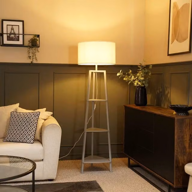 ValueLights Hiru Grey 3 Tier Wooden Shelf Floor Lamp with Beige Boucle Drum Shade