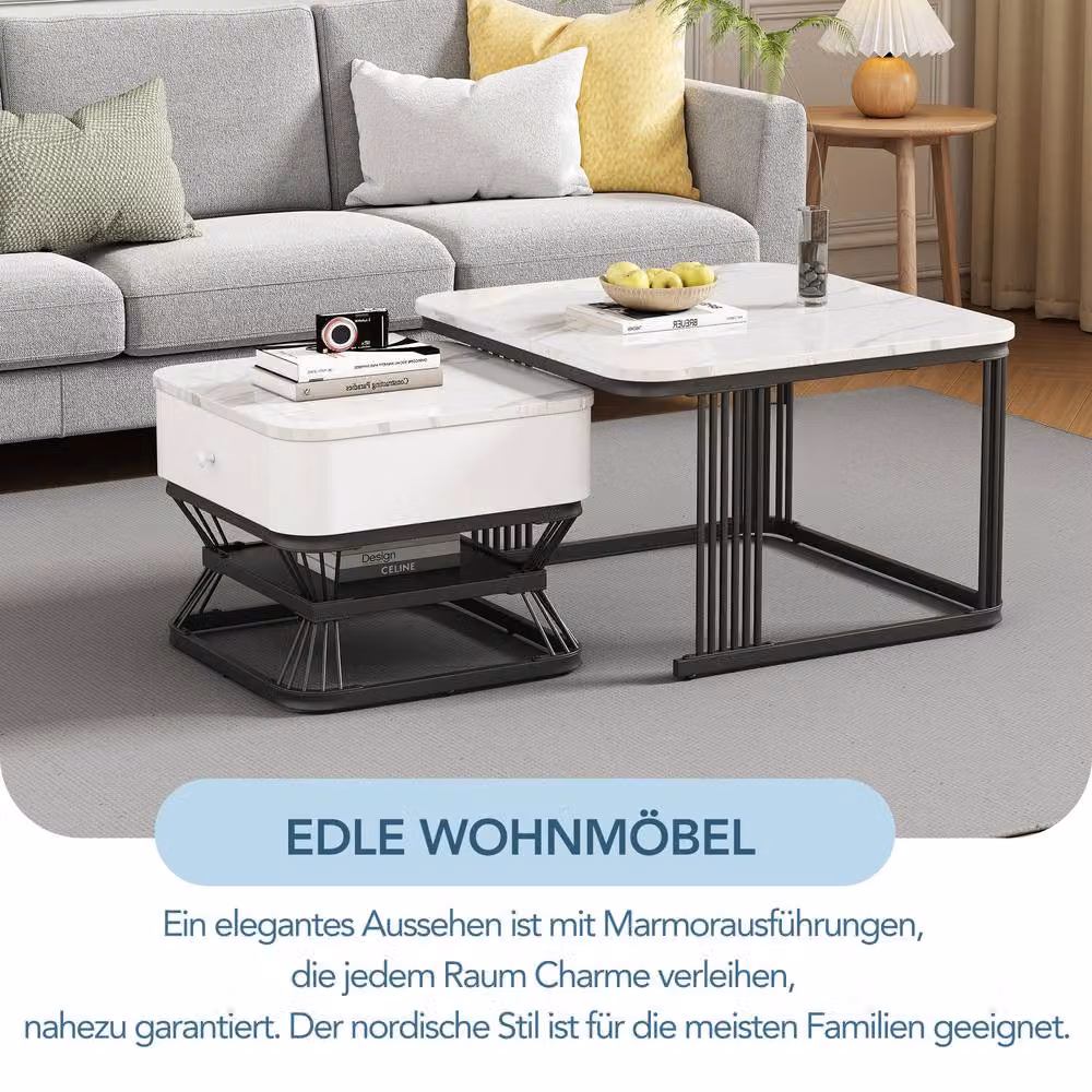 STILVORA Nesting Coffee Table Set of 2 with Drawer in White Glossy Finish – 4