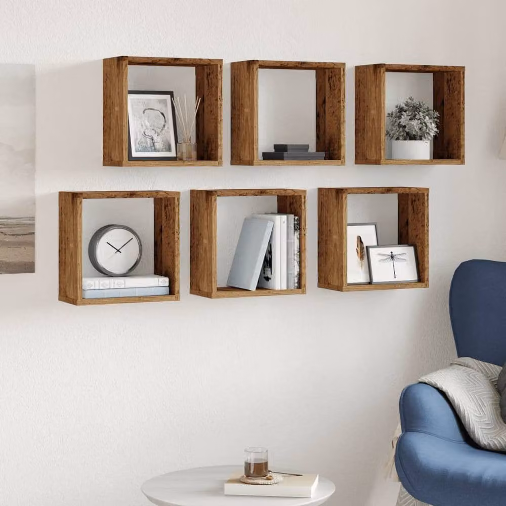 Berkfield Home Wall Mounted Cube Shelves, 6 Piece Set in Old Wood Brown, W/D/H: 30 x 15 x 30 cm – 3