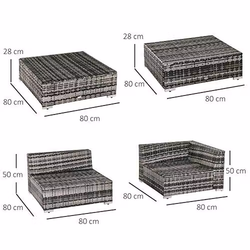 Outsunny 6 Piece Grey Rattan Garden Furniture Set with L-Shape Sofa, Ottoman, Coffee Table and Upholstered Cushions – 7