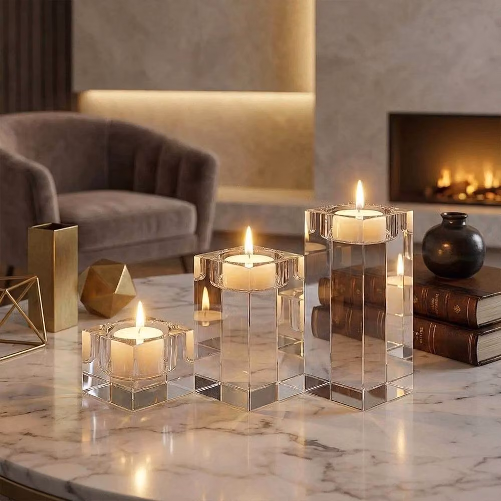 SPETLEK Set of 3 Modern Square Glass Pillar Candle Holders in Transparent – 4