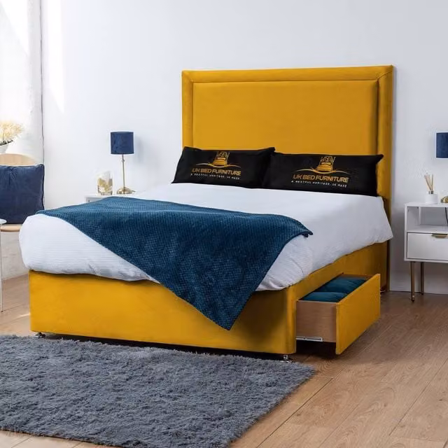 UK Bed Furniture Ascot Divan Bed with 4 Drawers and 26 Inch Headboard in Yellow Velvet, Super King, W/D/H: 200 x 200 cm