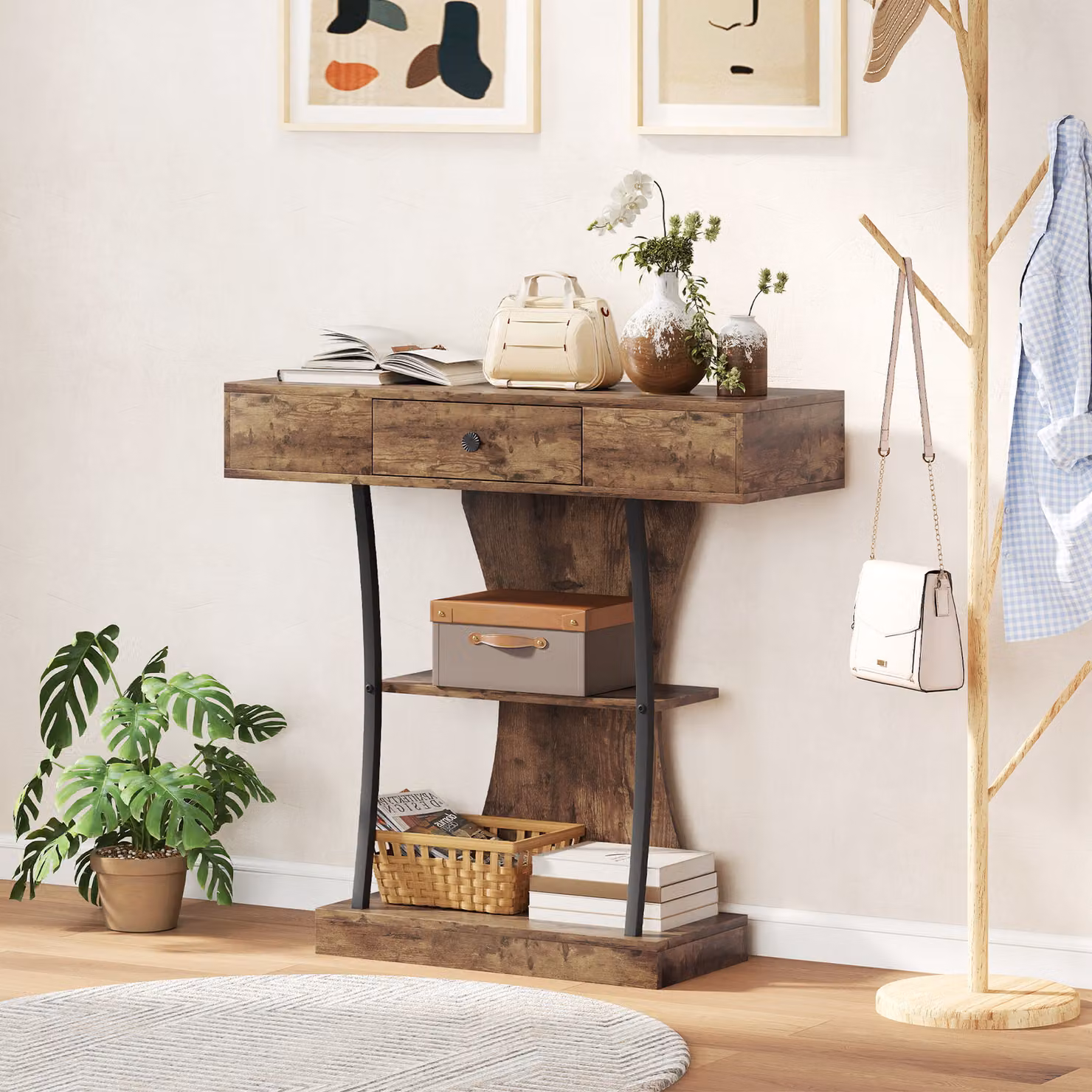 HOMCOM Industrial 3-Tier Console Table with Drawer and Storage Shelves, Rustic Brown, W: 91 cm, D: 32 cm, H: 87 cm – 2