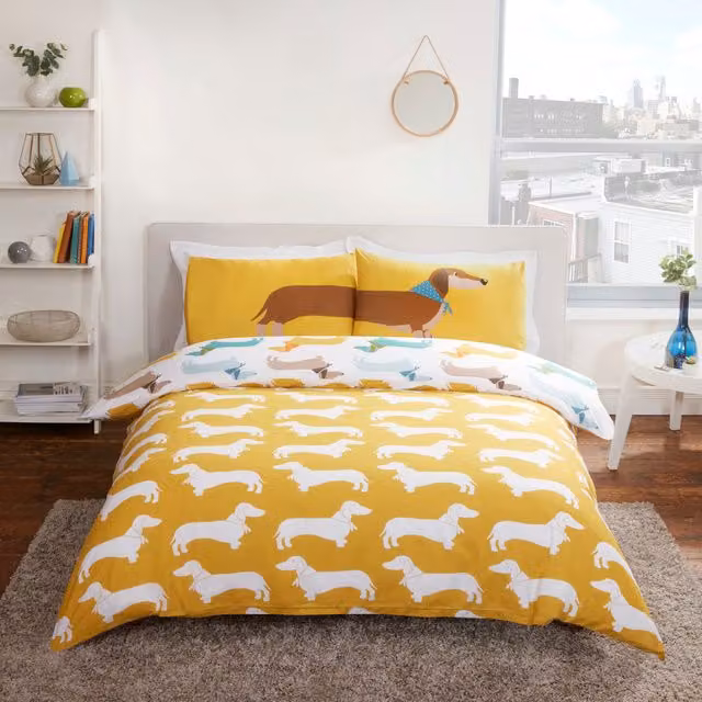Rapport Home Reversible Sausage Dog Graphic Duvet Cover and Pillowcase Set, Multicolour, 140 x 200 cm