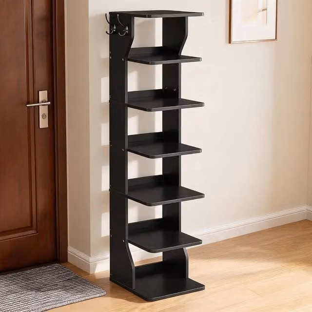 London Boutique Slim Wooden Shoe Rack with Hooks in Black, W/D/H: 26.5 x 10.0 x 110.0 cm