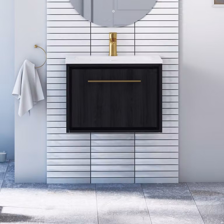 Royal Bathrooms Livora Black Woodgrain Wall Hung 1 Drawer Vanity Unit with Optional Basin, Width: 60 cm