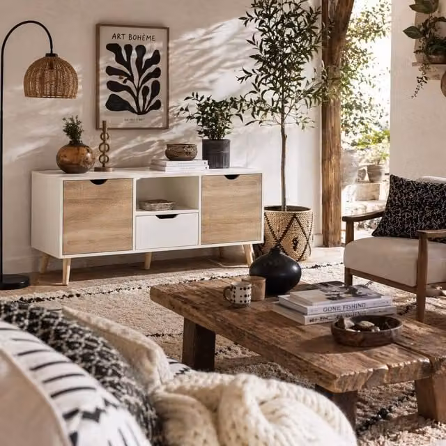 Wyld Haus Reneba TV Console in Natural and White with Drawers and Cupboards, W: 110 cm, D: 40 cm, H: 50 cm