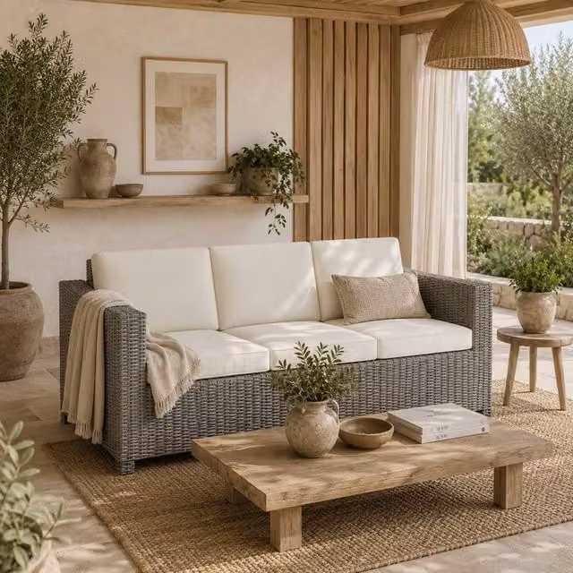 Wyld Haus Necolo 3 Seater Outdoor Rattan Sofa with Light Grey Metal Frame and Cream Cushions – 1
