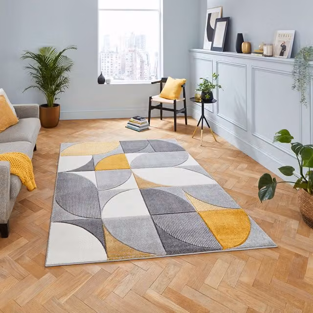 Terrys Modern Geometric Rectangular Rug in Grey and Yellow