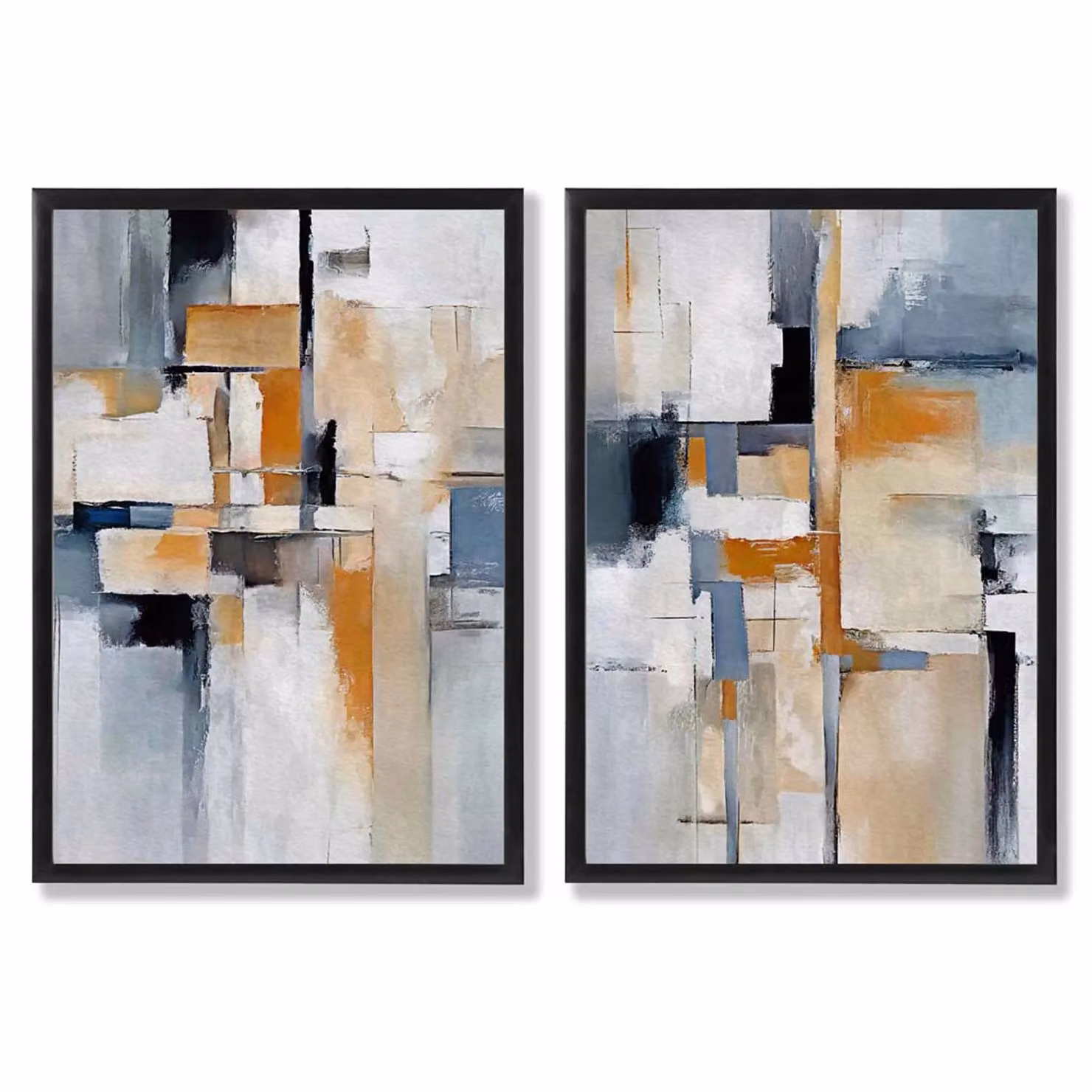 ARTZE Set of 2 Abstract Blue and Orange Modern Graphic Art Prints in Black Wood Frames, Navy, Size: A2 – 2