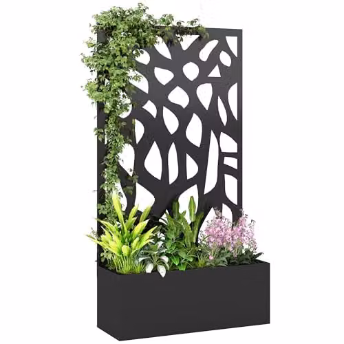 Outsunny Metal Raised Garden Bed with Trellis and Privacy Screen in Black, W/D/H: 61 x 23 x 113 cm